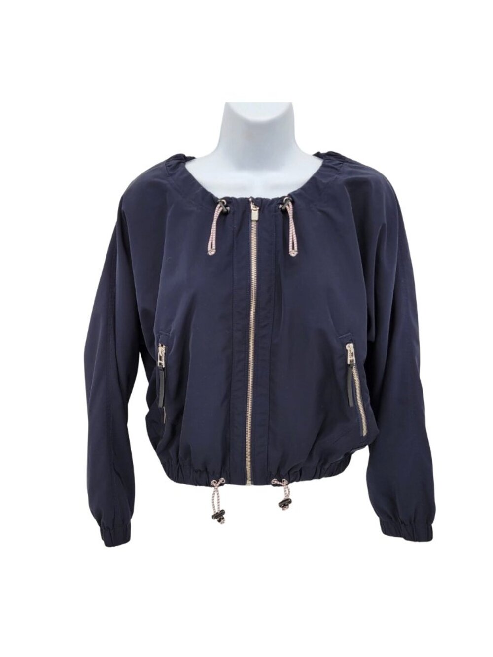 Athleta Chill Bomber Jacket 202074-04 Womens M Navy Captain Lined Zip Drawstring - Picture 2 of 16